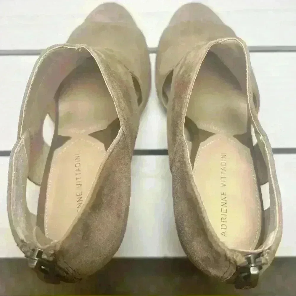 Adrienne Vittadini Tan Suede Gerlinda Open Toe Cutout Heels Size 8 M